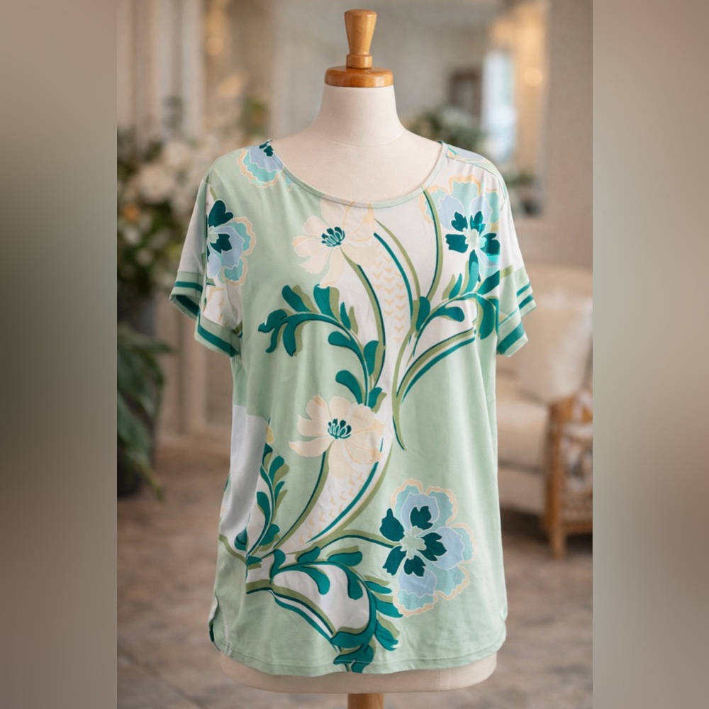 JM Collection Green and Cream Floral Short Sleeve Top